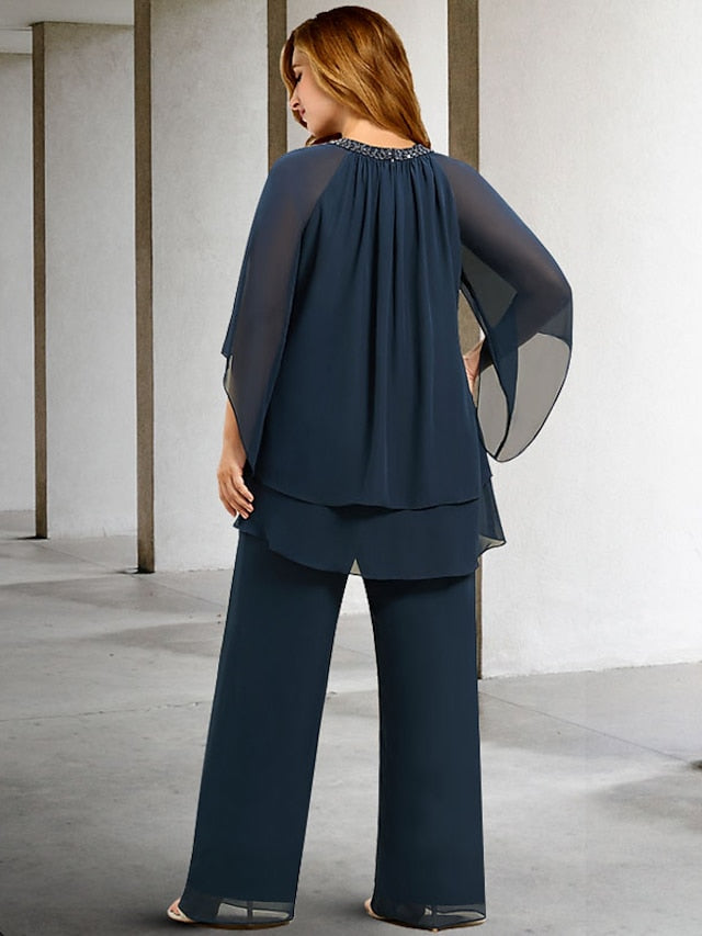 Mother of the Bride Jewel Neck Chiffon Pantsuits Elegant Occasion Wear