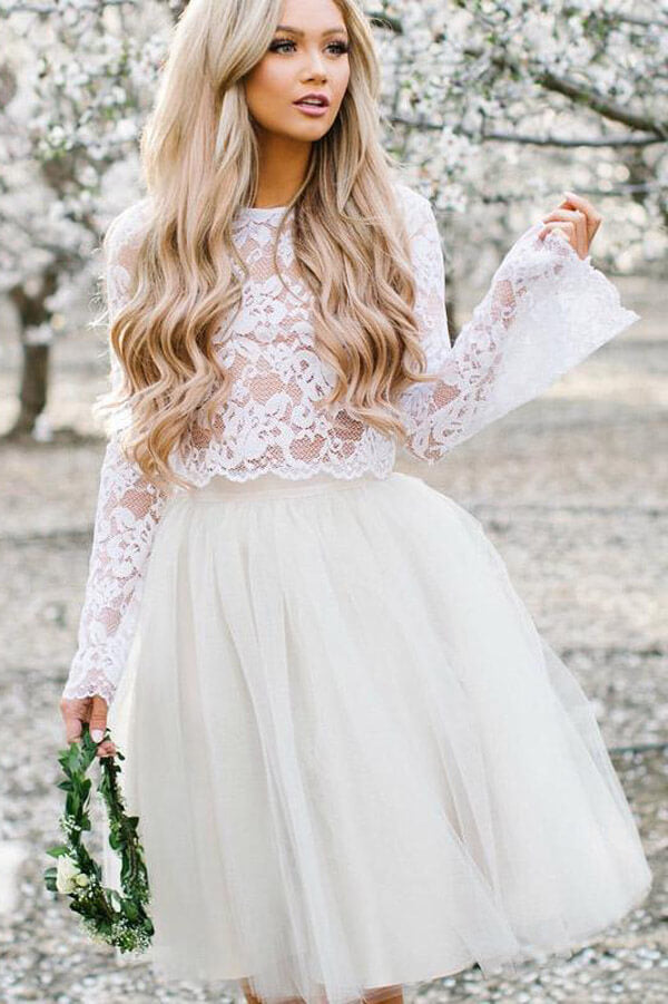 Zweiteiliges Homecoming-Kleid mit Spitzenoberteil und langen Ärmeln, kurzes Ballkleid