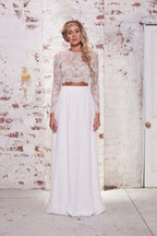 Zwei Stücke Lange Ärmel Spitze Weiß Strand Hochzeit Brautkleider