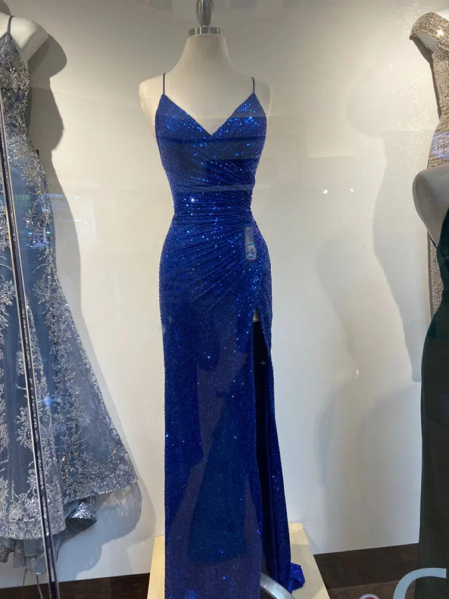 Vestido de Noite com Decote em V e Lantejoulas Azul Real Y4476