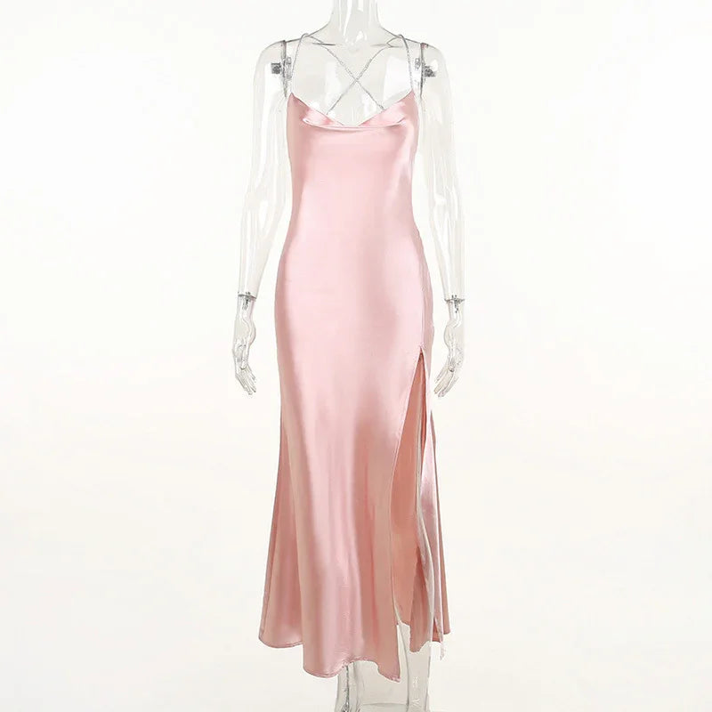 Vestido largo de fiesta rosa sirena sexy, vestido de noche rosa sin espalda Y1933