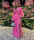 Vestido de noite modesto evasé com decote em V e mangas compridas com risco Y7178