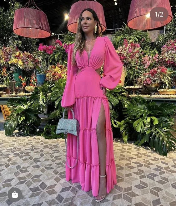 Vestido de noite modesto evasé com decote em V e mangas compridas com risco Y7178