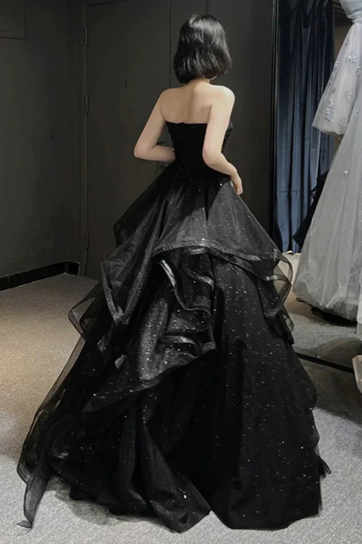 Black tulle long prom dress A line evening gown Y74