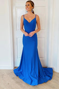 Vestidos largos de fiesta azul con escote en V y espalda descubierta estilo sirena, vestidos formales azules estilo sirena, vestidos de noche azules con escote en V Y355