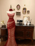 Vestido de noche formal rojo elegante de tul sin tirantes con corte sirena para baile de graduación Y8596