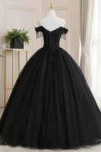 Black Off Shoulder Tulle Ball Gown With Lace Sweet 16 Dress, Black Long Evening Dress Y1143