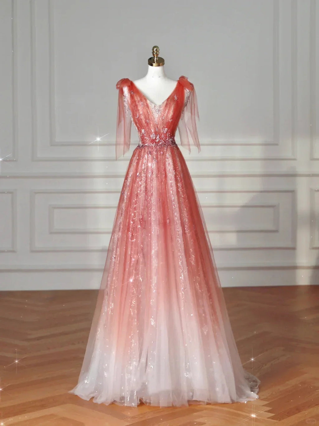 Vestido de fiesta largo de tul con escote en V elegante, lentejuelas, color rosa fresa, corte en línea A Y8614