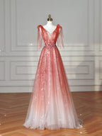 Vestido de fiesta largo de tul con escote en V elegante, lentejuelas, color rosa fresa, corte en línea A Y8614