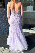 Vestido de Baile Longo de Sereia com Alças Finas de Renda e Apliques Lilás Y7933