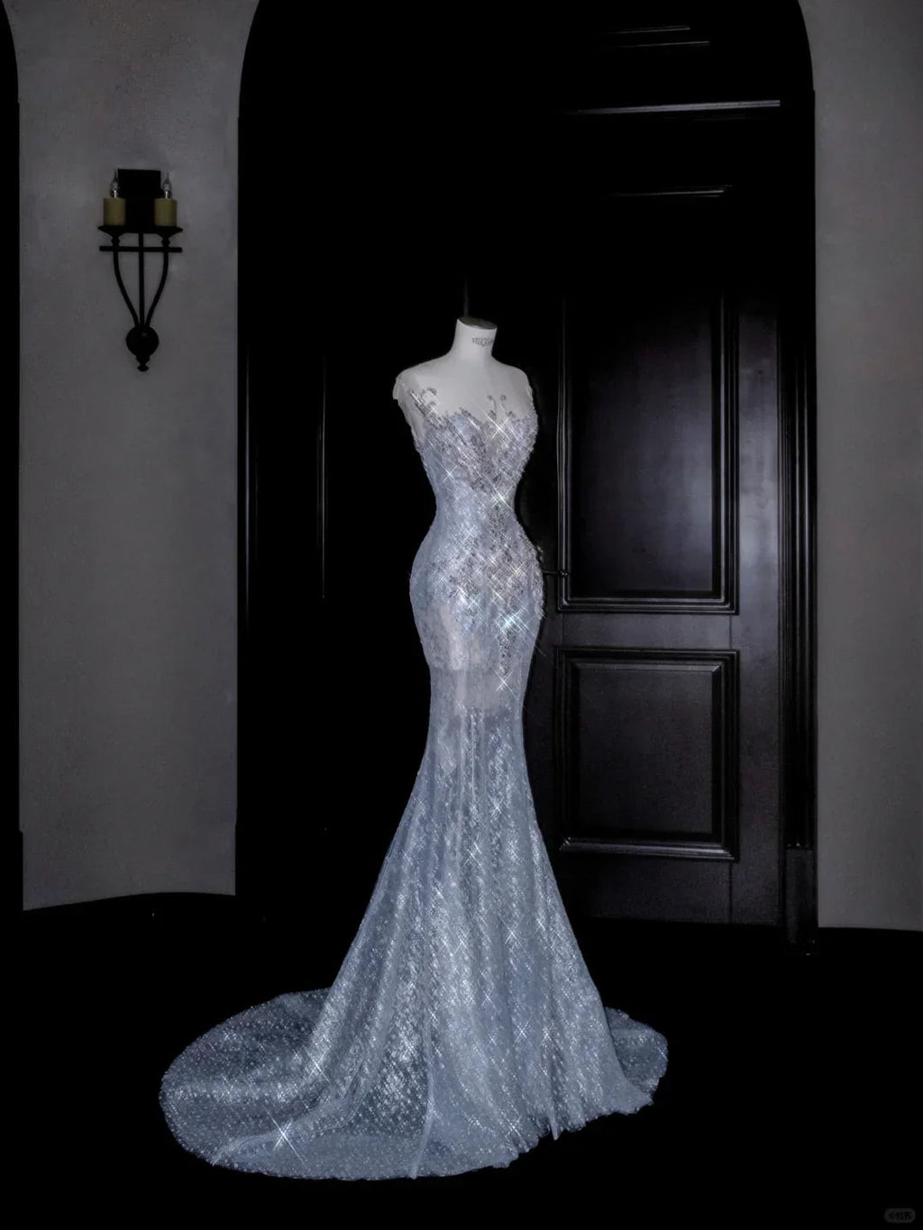 Beautiful Mermaid Sequin Beaded Evening Dress Blue Tulle Prom Dress Y8690