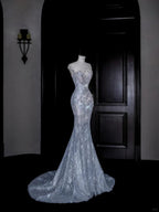 Beautiful Mermaid Sequin Beaded Evening Dress Blue Tulle Prom Dress Y8690