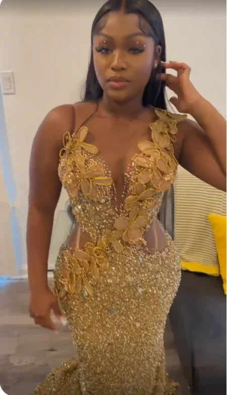 Vestido de noche sirena con apliques de lentejuelas doradas lujosas Y7880
