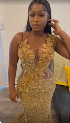 Vestido de noche sirena con apliques de lentejuelas doradas lujosas Y7880