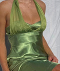 Sexy Verde Halter Cetim Longo Vestido de Baile Vestido de Noite Y8431