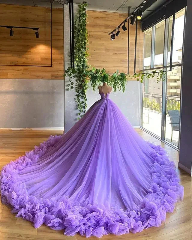 Vestido de baile morado de tul con escote en V y falda en línea A, vestido de princesa morado, vestido de hada Y6590