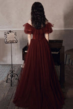 Burgundy Off The Shoulder Tulle Line Prom Dress Evening Dress Y8351