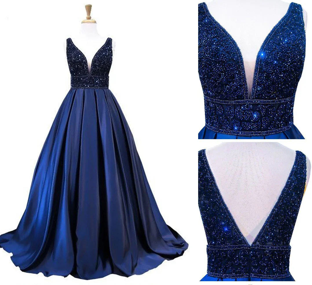 Robe longue de soirée pour femme bleu marine col en V sans manches dos ouvert ornée de perles robe de soirée formelle Y1193