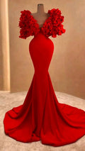 Feminino vermelho longo vestido de noite sereia vestido formal babados nuvem ombro y4932
