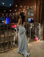 Vestido de noche azul brillante sin espalda Vestido de gala azul Y7416