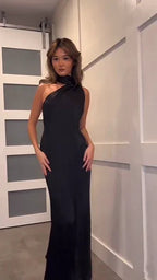 Elegante abito lungo nero da sera senza schiena Abito da sera nero Y7426