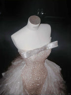 Hermoso vestido largo de fiesta y noche con lentejuelas y cuentas de tul champán ajustado Y8658