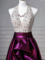 Classy Halter Purple Beaded Satin A Line Prom Dress Long Evening Dress Y8609