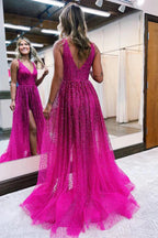 Vestido de fiesta formal de noche con escote en V profundo, abertura alta y lentejuelas brillantes Y1905