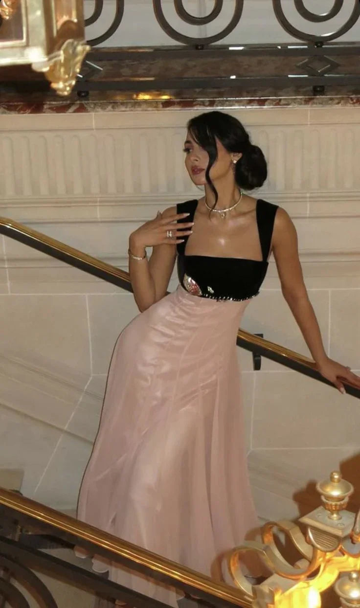 Vestido de fiesta largo de tirantes elegantes, línea A, color rosa Y7900
