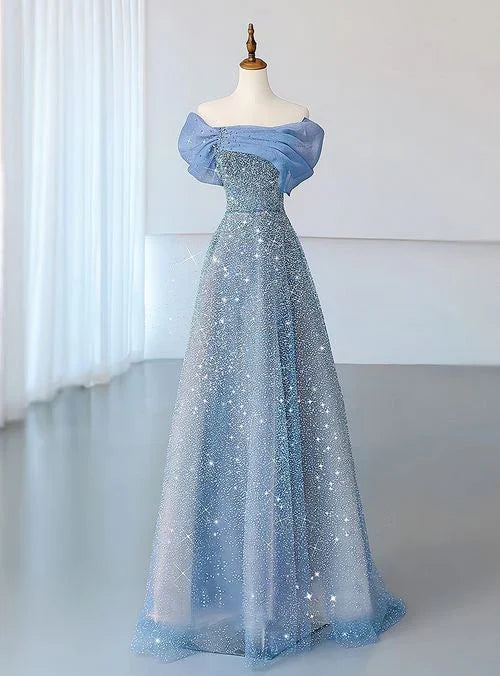 Blue Tulle Sequins Evening Dress Off The Shoulder Pleats A Line Prom Dress Y8041