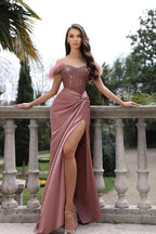 Unique Pink Off The Shoulder Mermaid Stain Prom Dress with Beadings