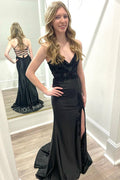 V-Neck Lace-Up Mermaid Black Prom Dress with Slit