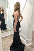 V-Neck Lace-Up Mermaid Black Prom Dress with Slit