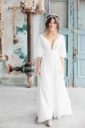Robe de mariage décontractée simple en mousseline à encolure en V, manches mi-longues, taille empire