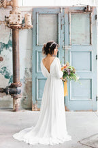 Robe de mariage décontractée simple en mousseline à encolure en V, manches mi-longues, taille empire
