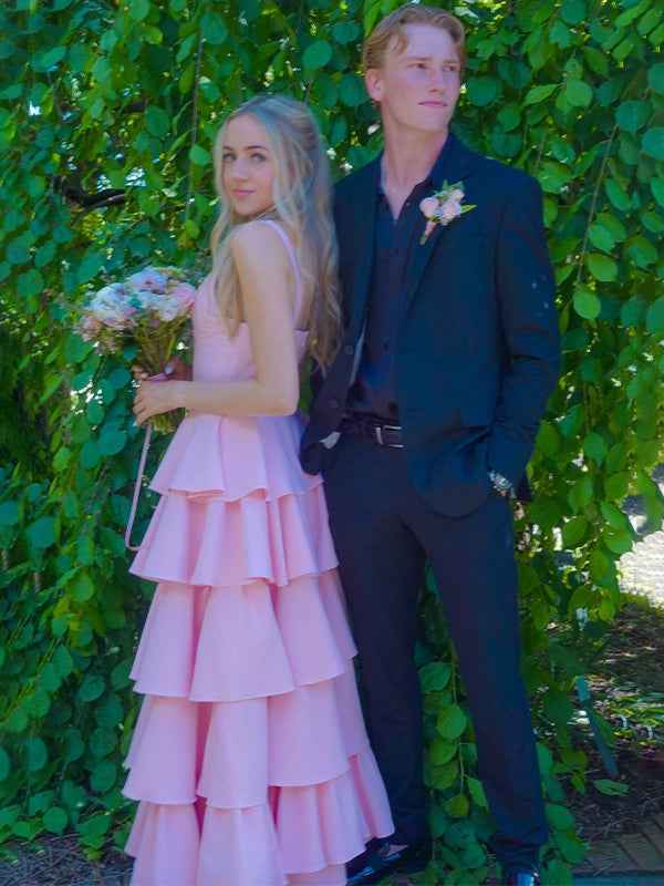 Pink A Line V Neck Tiered Satin Long Prom Dress With Ruffles