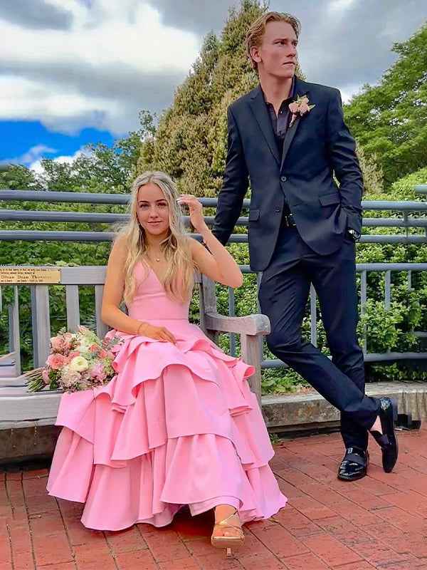 Pink A Line V Neck Tiered Satin Long Prom Dress With Ruffles
