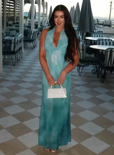 Vestido longo elegante de chiffon azul, costas descobertas, estampado, para baile de finalistas, vestido de noite Y8478