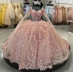 Vestidos cor-de-rosa para Quinceanera com ombros descobertos, flores, apliques de renda, contas, saia rodada, para festa, princesa, doce 16, vestido de baile Y2936