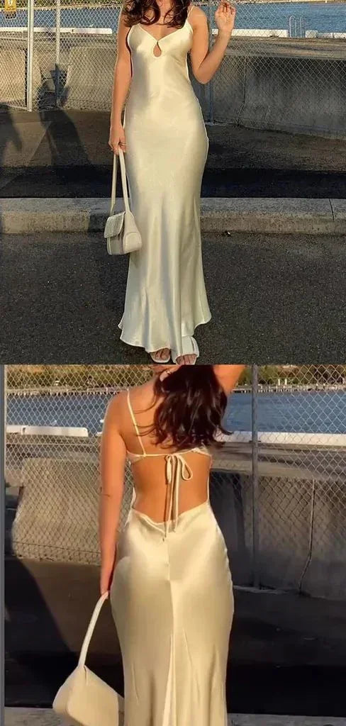 Vestido de noche formal sirena blanco elegante con tirantes finos para baile de graduación Y7786