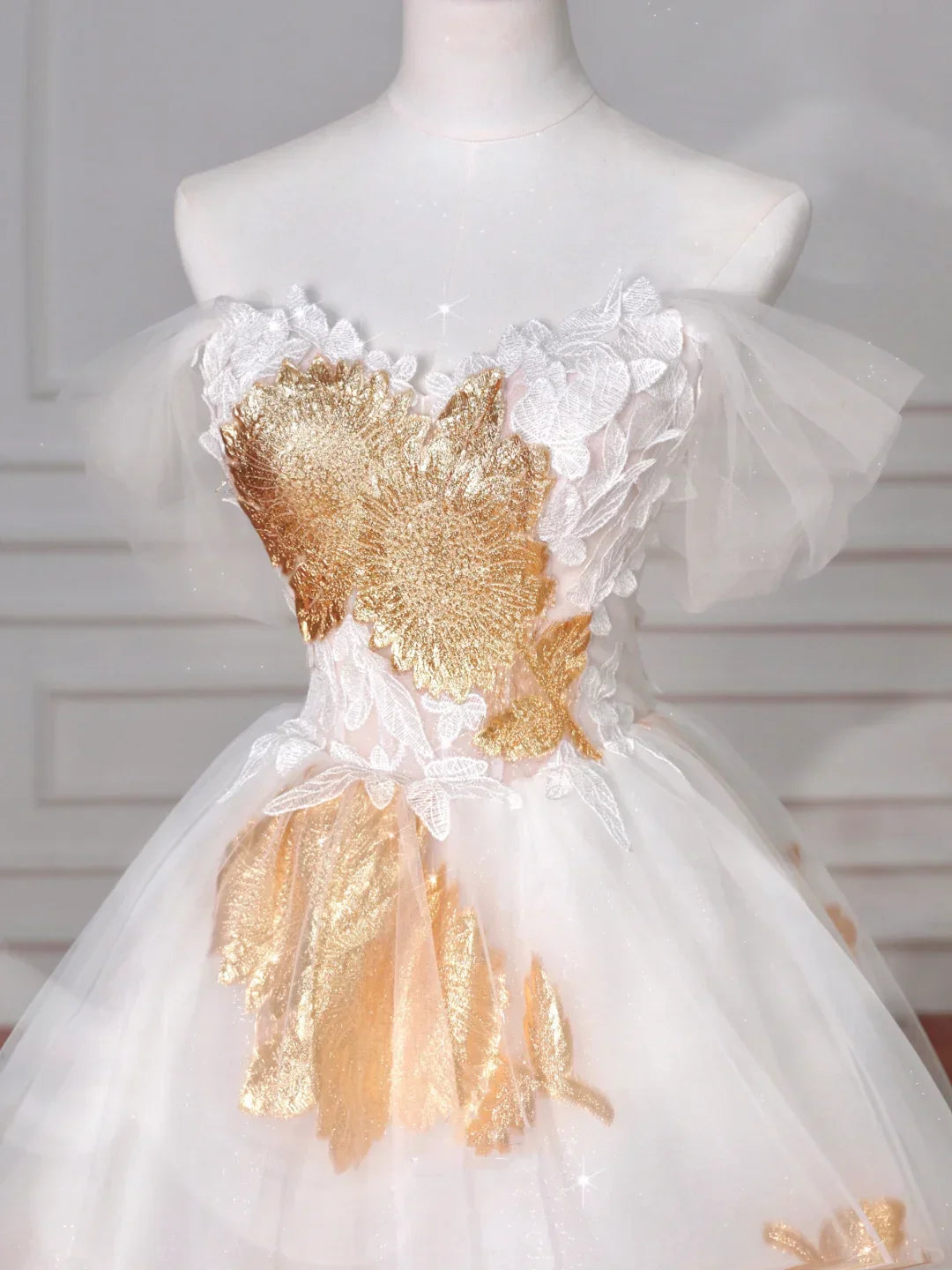 Wunderschönes goldfarbenes Tüllkleid mit schulterfreiem Ausschnitt, Ballkleid, A-Linien-Abendkleid, Abschlussballkleid Y8618
