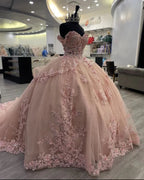 Vestido de bola con apliques rosados brillantes, vestido de princesa rosa Y2341