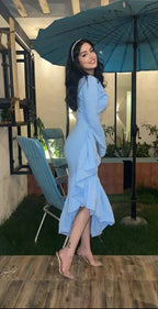 Mermaid Light Blue Women's Prom Dresses V Neck Long Sleeves Formal Occasion Dress Temperament Evening Dress Y4764