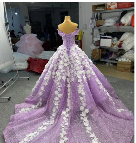 3D Flowers Lilac Sweet 15 Dress Off the Shoulder Quince Dress Luxurious Ball Gown Y906