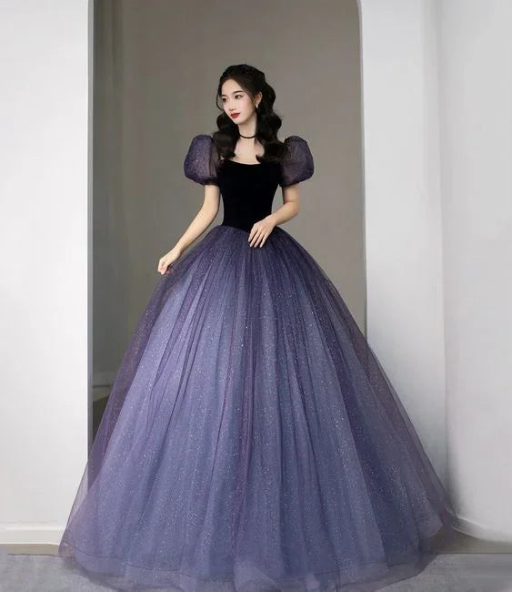 Vestido largo de princesa morado de tul con lentejuelas vestido de noche Y5619