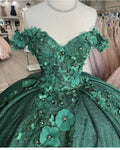 Robe de bal verte à épaules dénudées avec fleurs Robe de seize ans Y1116