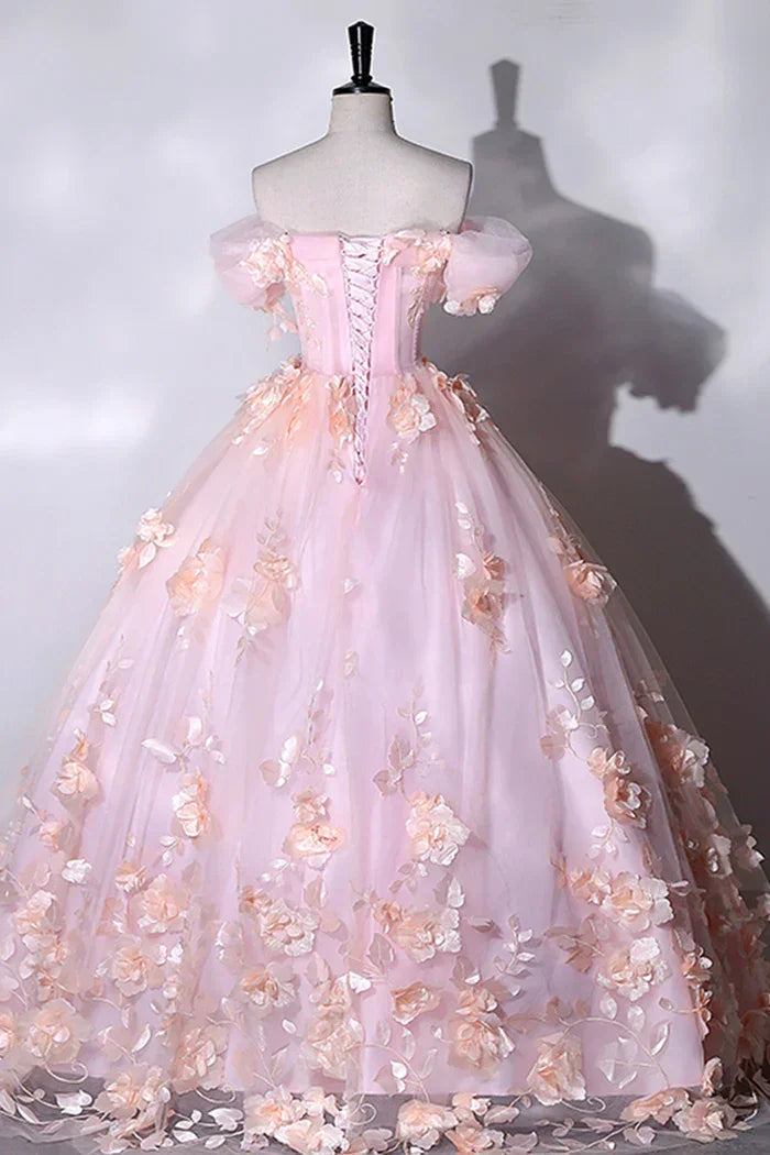 Vestido de Baile Formal Coração com Flores Cor-de-Rosa, Vestidos Longos Cor-de-Rosa para Sweet 16 Y6951