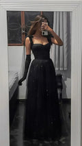 Vestido largo de noche formal elegante negro en línea A Y2869