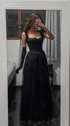 Vestido largo de noche formal elegante negro en línea A Y2869