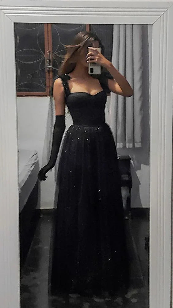Vestido largo de noche formal elegante negro en línea A Y2869